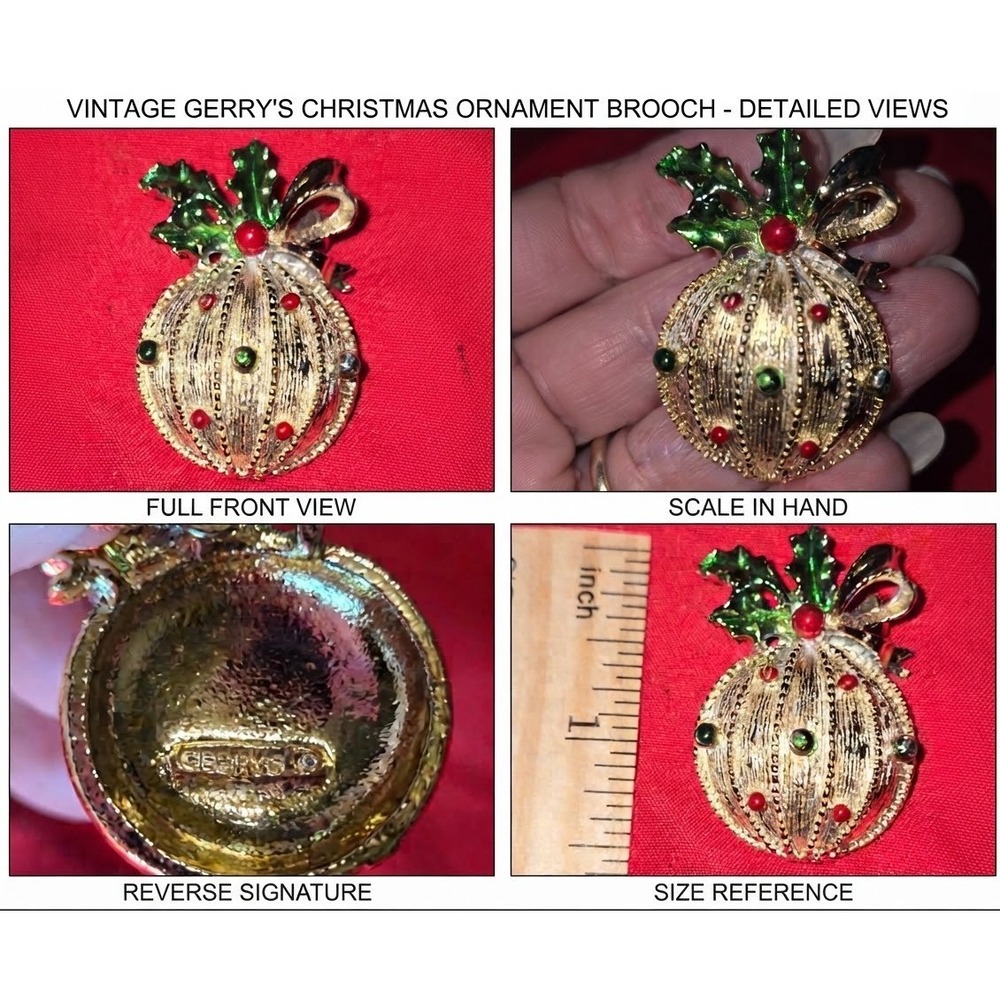 Vintage Gerry's Christmas Tree Ornament Brooch Gold Tone Red Green Enamel